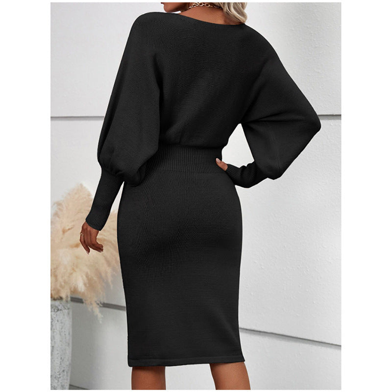 European And American Temperament Crew Neck Long Sleeve Sexy Solid Color Waist Tight Slimming Knitted Hip Skirt