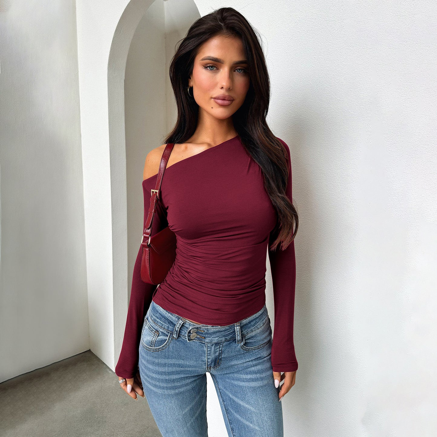 Women's One-shoulder Cold-shoulder Long-sleeved Top