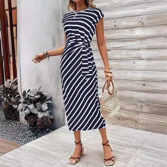 Waist Strap Striped Round Neck Short Sleeve And Long Pattern Dress