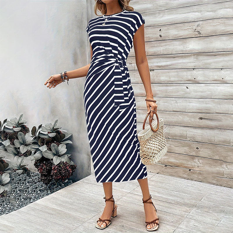 Waist Strap Striped Round Neck Short Sleeve And Long Pattern Dress