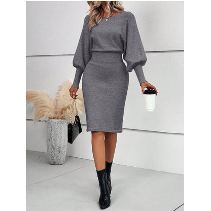 European And American Temperament Crew Neck Long Sleeve Sexy Solid Color Waist Tight Slimming Knitted Hip Skirt