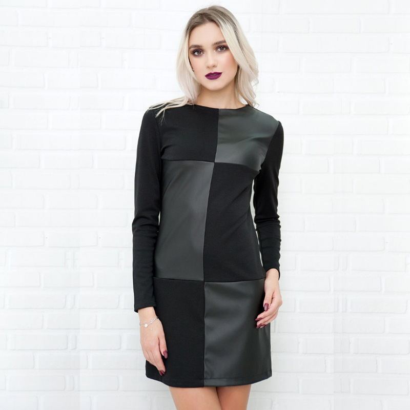 Women Vintage Leather Patchwork Elegant Office Dress