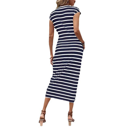 Waist Strap Striped Round Neck Short Sleeve And Long Pattern Dress