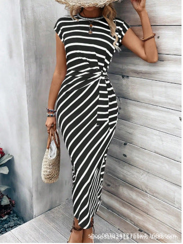 Waist Strap Striped Round Neck Short Sleeve And Long Pattern Dress